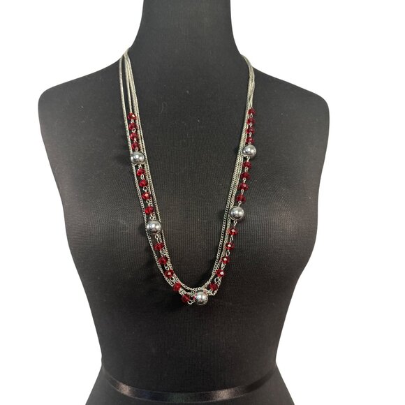 Layered Silver Chain Necklace Red Crystal Beads Silver Tone Spheres 30 Inches - Picture 1 of 3